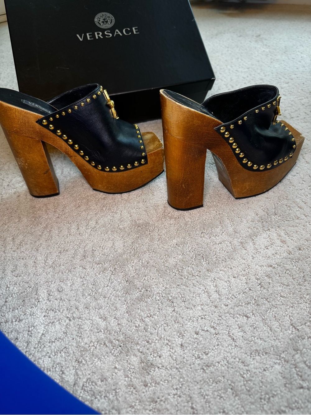 Versace Black Leather Platform Clogs with Gold Star and Studded Details Size 6.5 - Picture 3 of 10